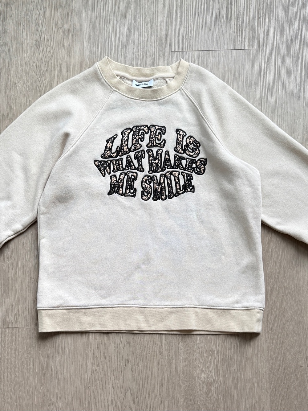 Sandro Cream Graphic Crewneck Sweater with Black Script
